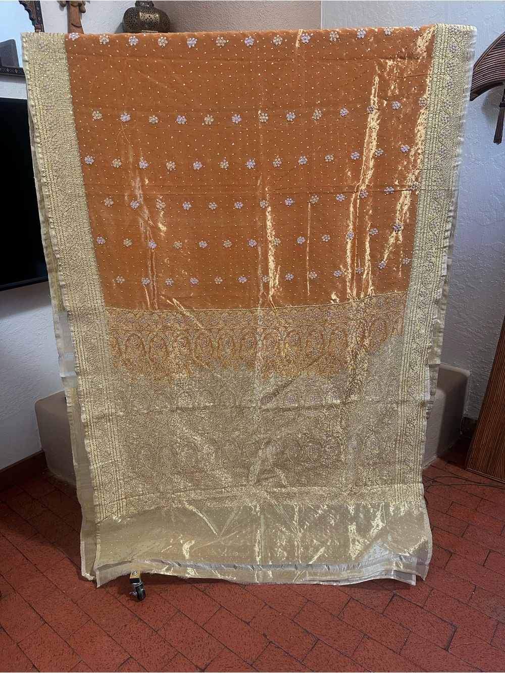 Orange silk organza beaded saree
